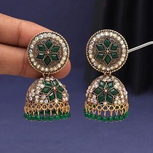 Green Round Hanging Gold Oxidised Palki Jhumka
